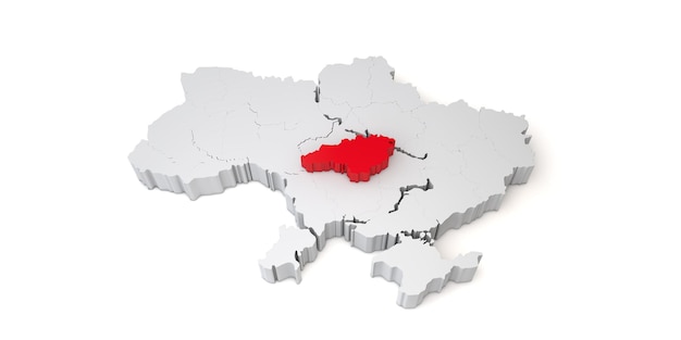 D carte de l'ukraine montrant la région de kirovohrad en rendu rouge d