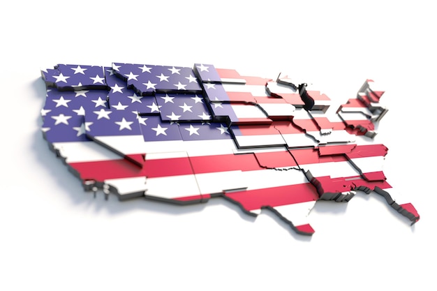 Carte USA Amérique avec couleurs du drapeau et ombre sur fond blanc par rendu 3D