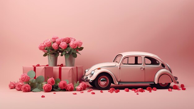 une carte de vacances de la Saint-Valentin avec une voiture rose avec une boîte cadeau de roses des fleurs positionnées sur le toit contre un fond rose dans une composition de style moderne minimaliste