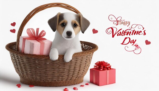 carte de valentine avec un mignon chien dans un panier en osier avec un cadeau