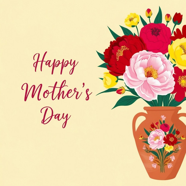 une carte avec un vase avec des fleurs et une carte pour la fête des mères