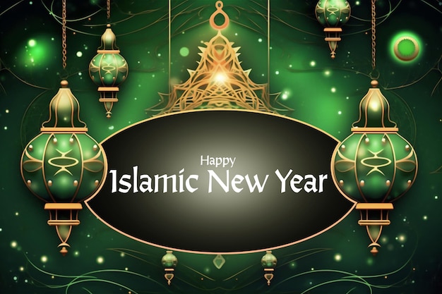 Photo une carte verte et noire avec les mots bonne année islamique dessus.