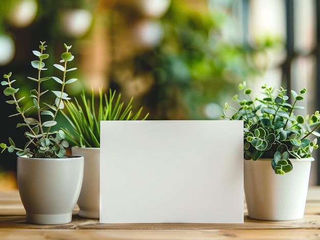 Photo carte vide et plantes ornementales dans des pots sur plancher de bois pour la maquette