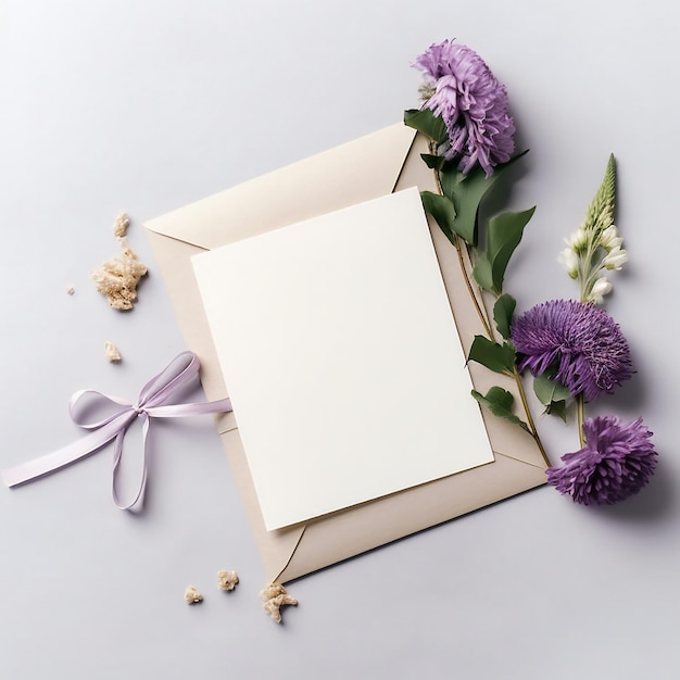 Une carte vierge est placée sur une enveloppe avec des fleurs et un ruban violet.