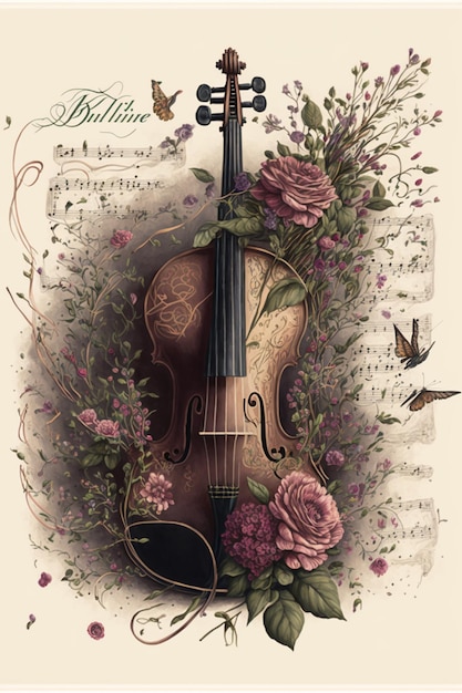 Une carte avec un violon et des fleurs dessus