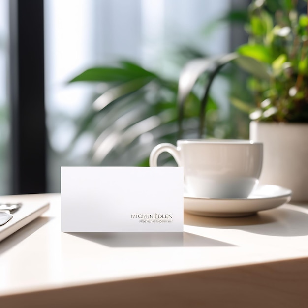 une carte de visite blanche est posée sur un bureau à côté d'une tasse de café.