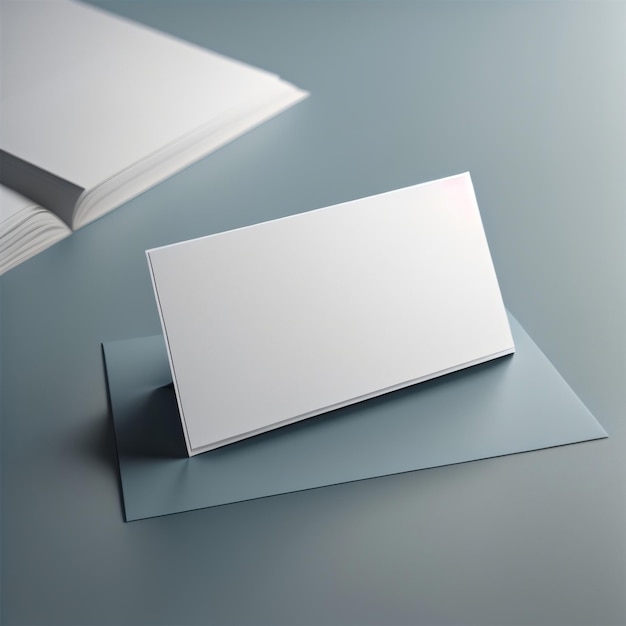 Une carte de visite blanche est posée sur une pile de papiers.