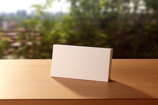 Une carte de visite blanche sur une table en bois