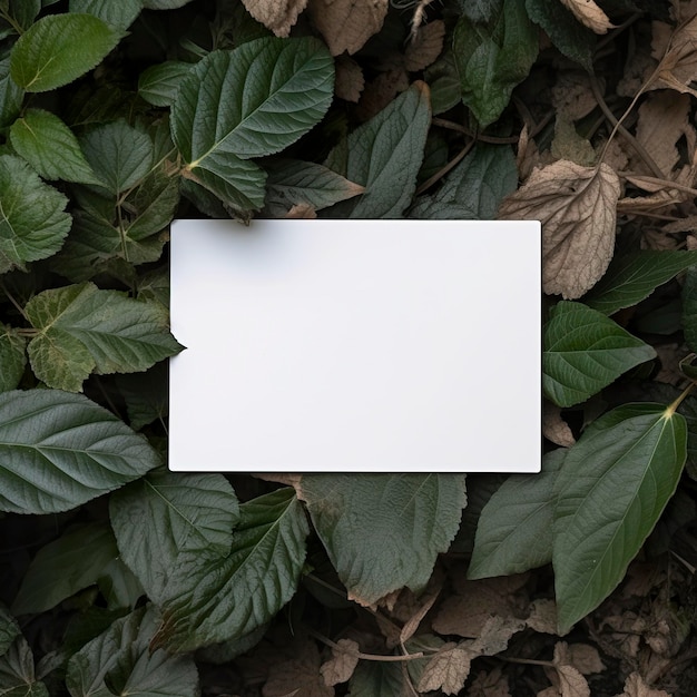 Photo carte de visite vierge sur fond de feuilles vertes generative ai