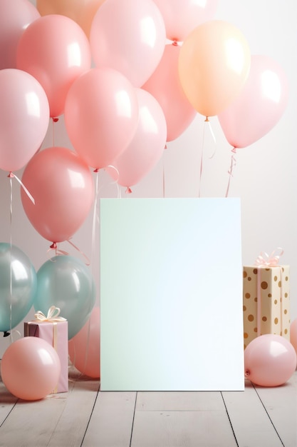 Photo carte de vœux d'anniversaire avec des ballons et des boîtes à cadeaux sur un sol en bois blanc