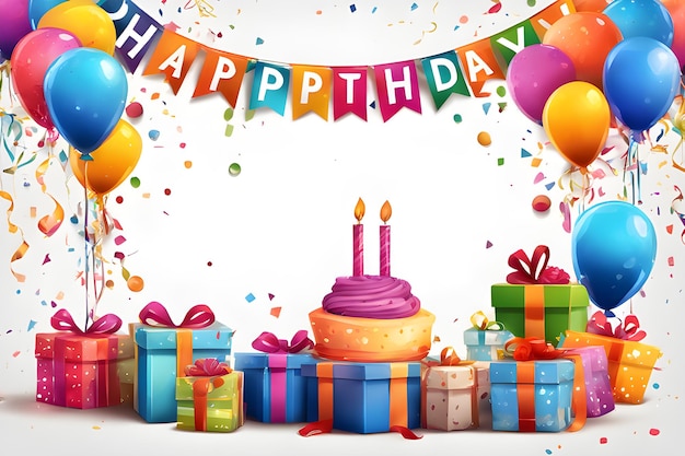 Carte de vœux d'anniversaire avec des boîtes-cadeaux et du gâteau Illustration vectorielle