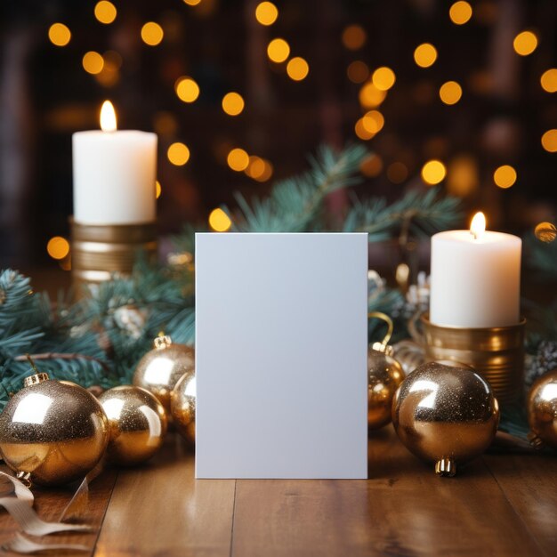 Photo carte de vœux blanche avec un devant vide réaliste sur un modèle de maquette dans une table en bois dans un fond luxueux de noël à la maison à l'intérieur