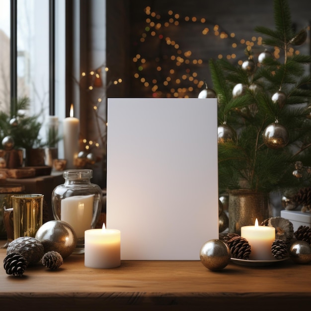 Photo carte de vœux blanche avec un devant vide réaliste sur un modèle de maquette dans une table en bois dans un fond luxueux de noël à la maison à l'intérieur