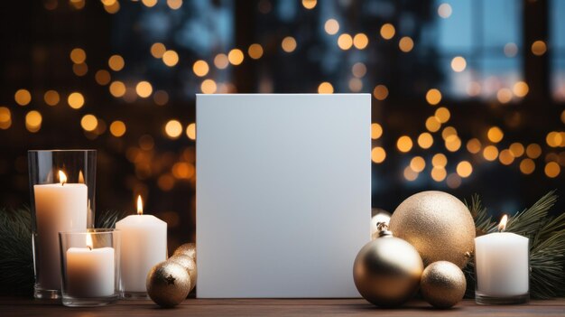 Photo carte de vœux blanche avec un devant vide réaliste sur un modèle de maquette dans une table en bois dans un fond luxueux de noël à la maison à l'intérieur