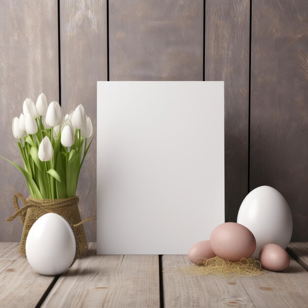 Photo carte de vœux blanche avec un devant vide réaliste sur un modèle de maquette dans une table en bois dans un fond luxueux de pâques à la maison à l'intérieur