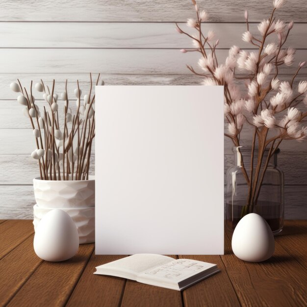 Photo carte de vœux blanche avec un devant vide réaliste sur un modèle de maquette dans une table en bois dans un fond luxueux de pâques à la maison à l'intérieur