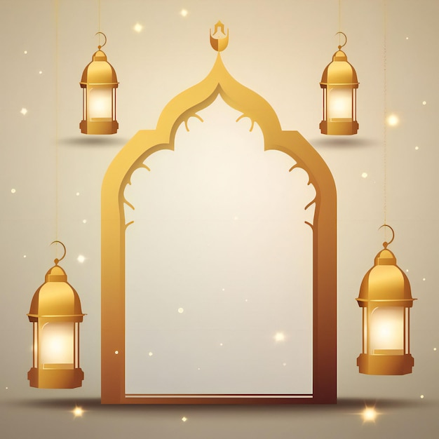 Carte de vœux blanche du Ramadan Kareem avec des lanternes décoratives et une forme islamique