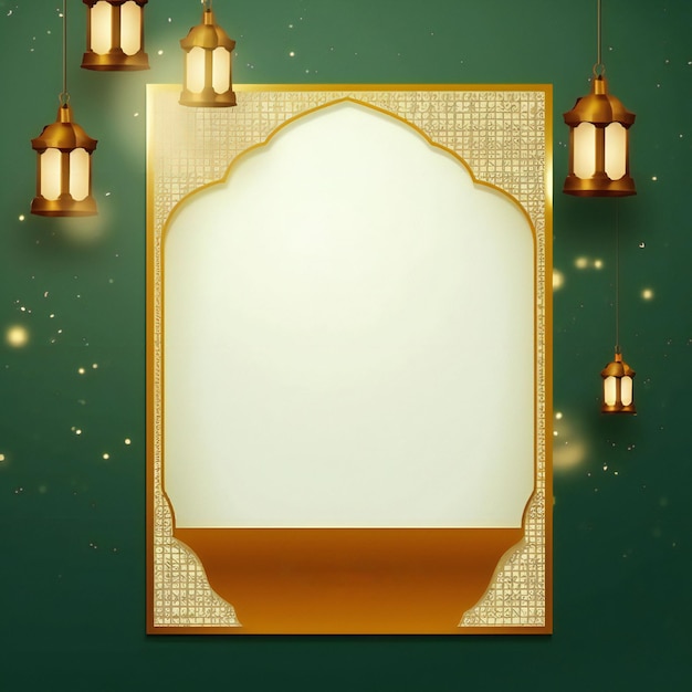 Carte de vœux blanche du Ramadan Kareem avec des lanternes décoratives et une forme islamique