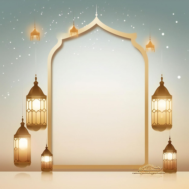 Carte de vœux blanche du Ramadan Kareem avec des lanternes décoratives et une forme islamique
