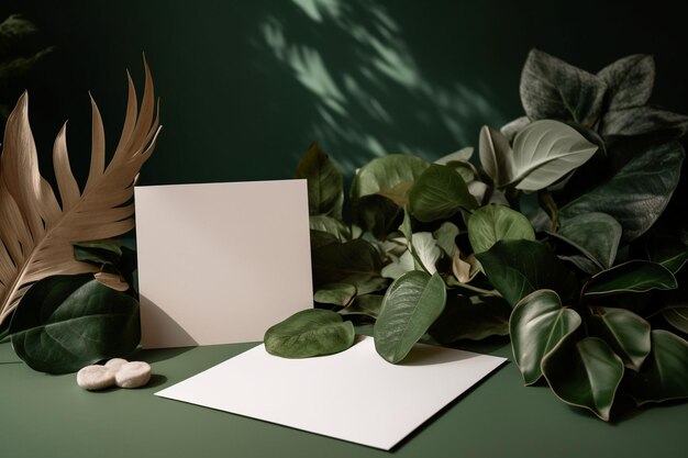 Carte de voeux blanche et feuilles sur une table blanche dans le style du naturalisme terreux