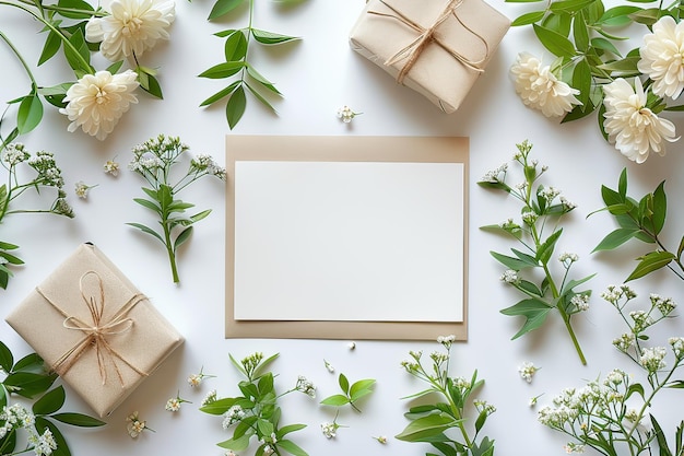 Carte de vœux blanche avec des fleurs et des boîtes-cadeaux sur fond blanc AI générative
