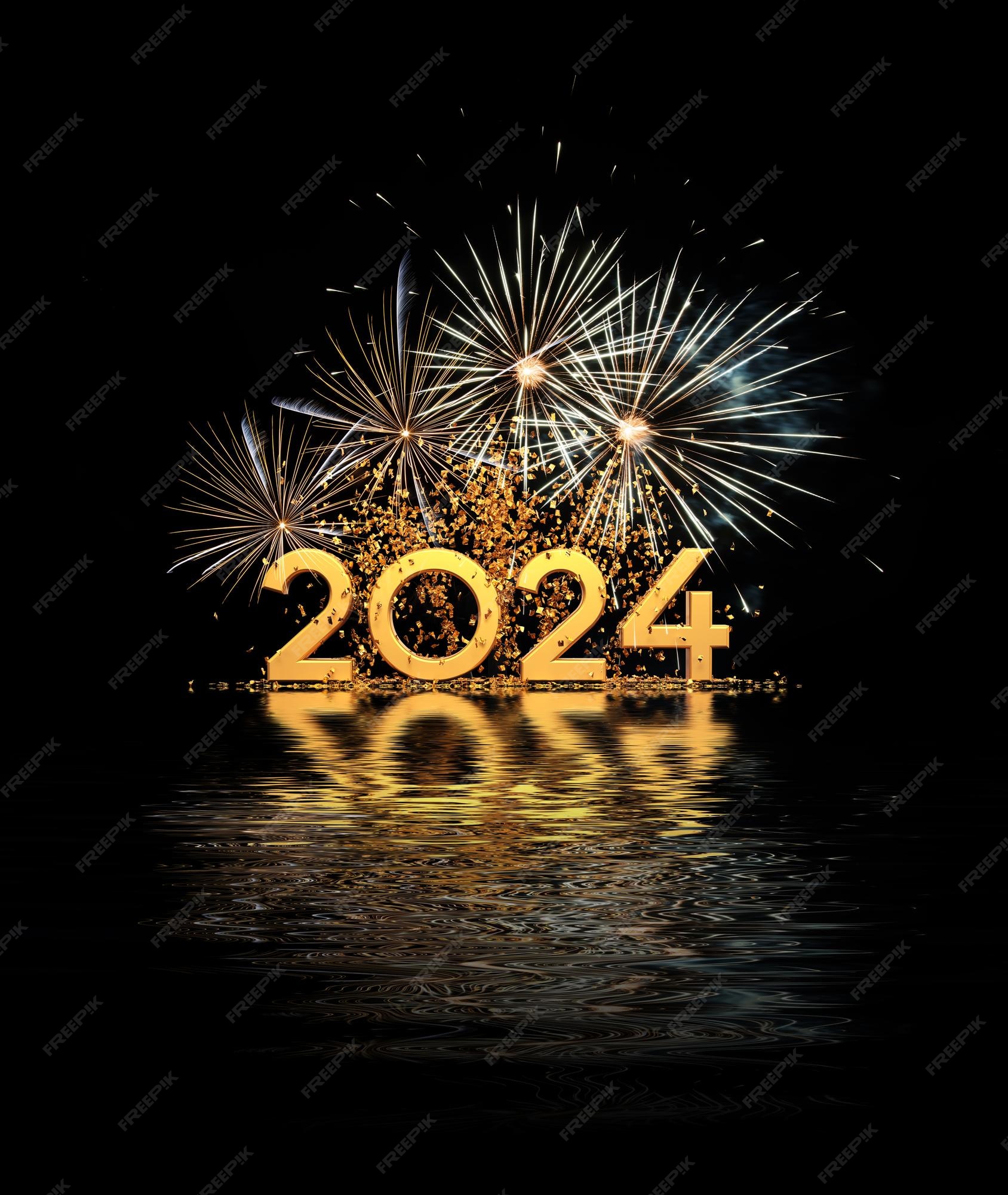 Carte de voeux de bonne année 2024 avec confettis et feux d'artifice