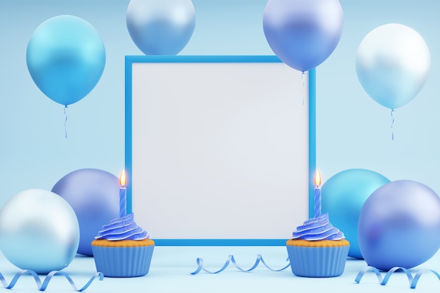 Carte de voeux avec cadre bleu vide, deux cupcakes avec des bougies et des ballons colorés autour sur fond bleu. rendu 3D. Modèle festif, vacances ou fond de fête.