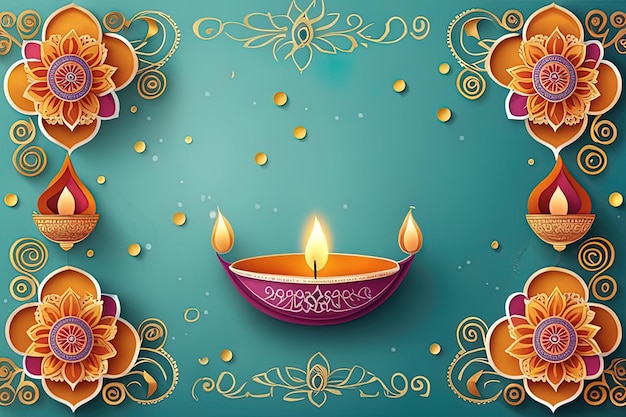 Photo carte de vœux de célébration de diwali avec diya et fleurs carte de vœux de celebration de diwali avec dia et fleurs