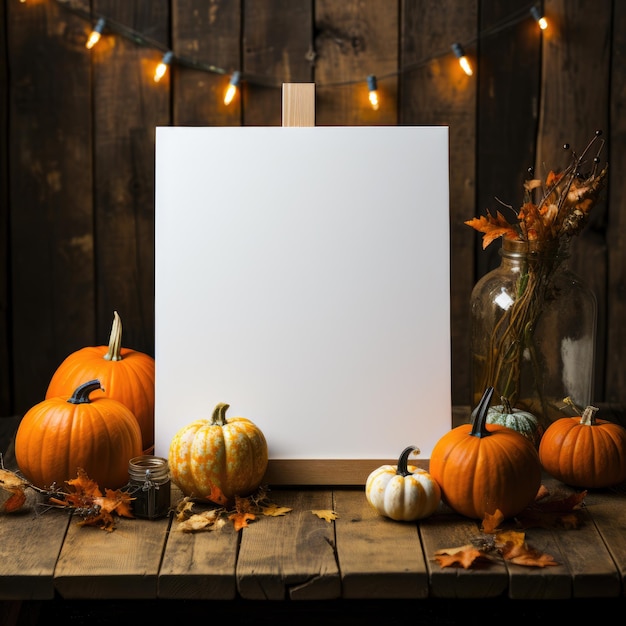 Carte de voeux avec des citrouilles sur une maquette de table en bois Automne Automne Halloween une occasion de remerciement