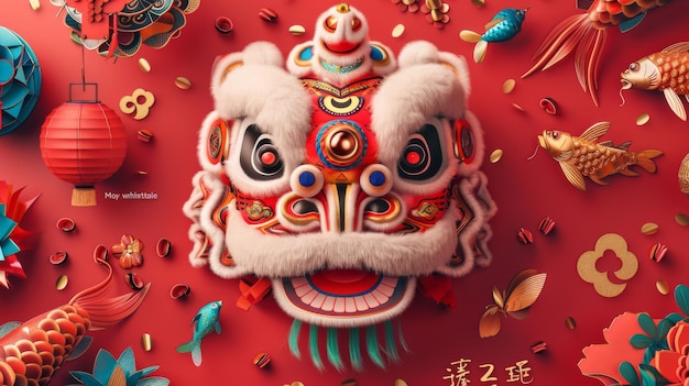 Photo carte de vœux cny mettant en vedette un poisson marionnette à tête de lion pour le dîner de la veille du nouvel an39 et d'autres objets sur une illustration texturée à l'encre roulée