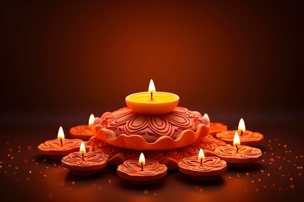 Une carte de vœux de Diwali avec de belles lampes d'argile allumées la nuit de Diwali