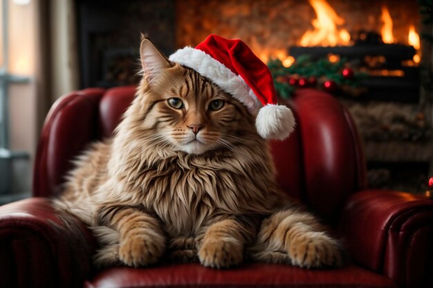 La carte de voeux du Nouvel An de Noël est un beau fond de Noël. Le chat Maine Coon célèbre la fête.
