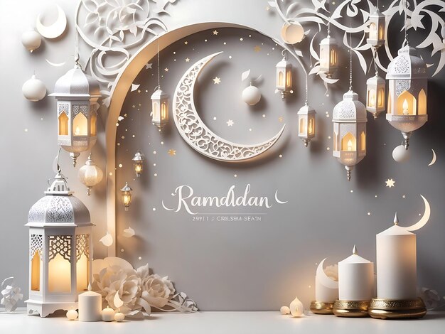 Photo carte de vœux du ramadan avec décoration en croissant de lune et lanternes avec bannière de zone d'espace de copie ai