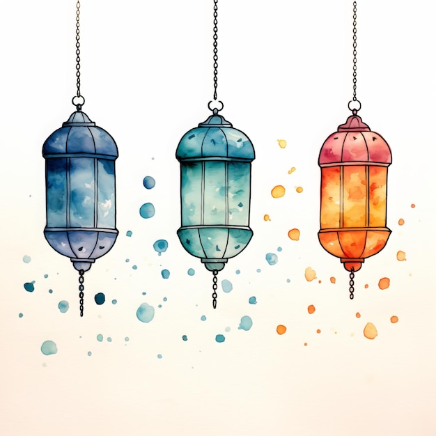 Carte de vœux du Ramadan Kareem avec des lanternes à l'aquarelle illustration vectorielle