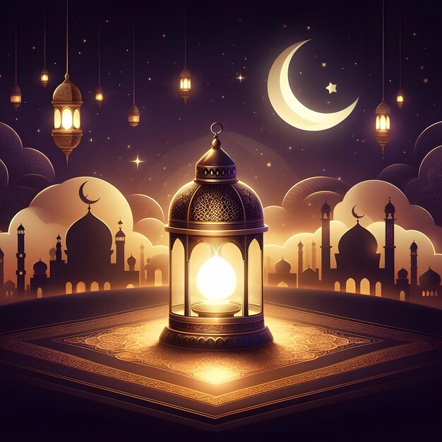 Carte de vœux du Ramadan Kareem avec des lanternes de mosquée et de la lune