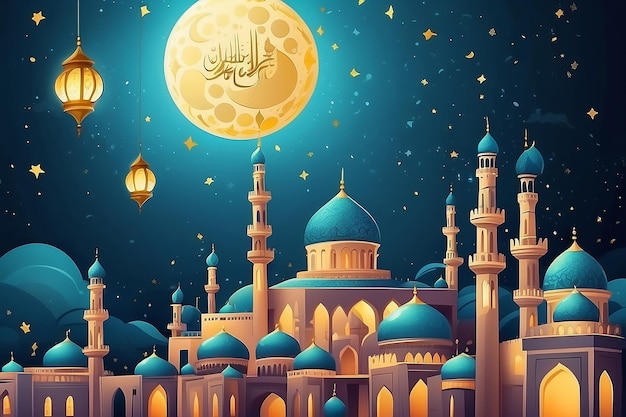 Carte de vœux d'Eid Mubarak Illustration du ramadan Kareem vecteur de dessins animés Souhaitant une fête islamique