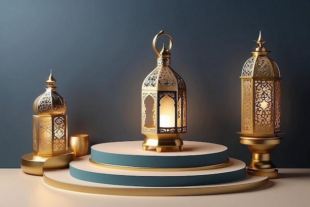 Une carte de vœux élégante de Ramadan avec une exposition de produits sur le podium et une décoration de lanterne dorée 3D