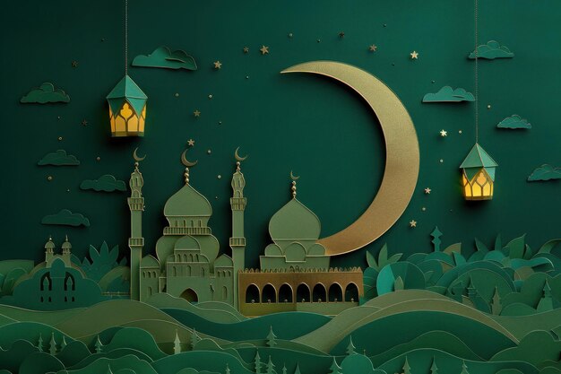 Carte de vœux de fête du Ramadan avec la lune croissante et la mosquée de la lanterne