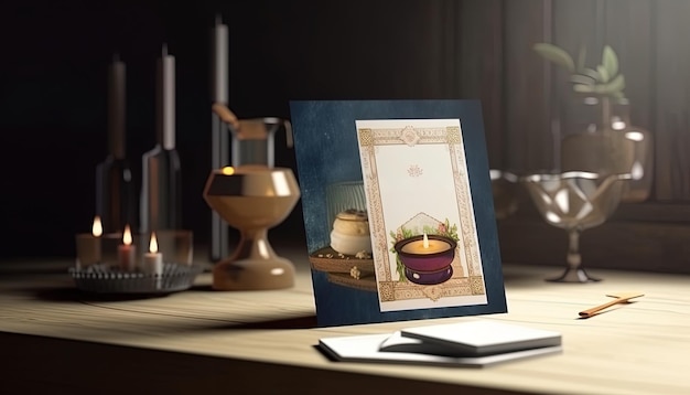 Carte de voeux de fête juive de Pâque avec une bougie allumée sur le dessus de la table