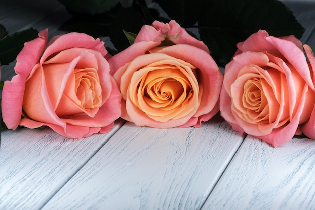 Carte de vœux florale avec de belles roses sur la macrophotographie en gros plan de table