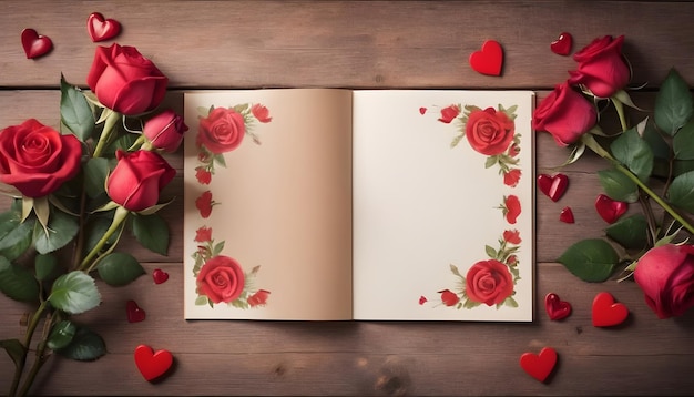 carte de vœux sur un fond en bois entre des roses concept de Saint-Valentin