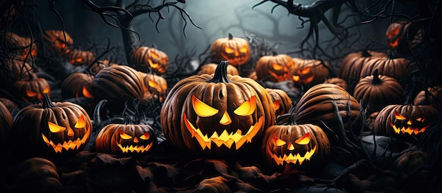 Carte de voeux d'Halloween avec un groupe de citrouilles effrayantes dans la forêt la nuit