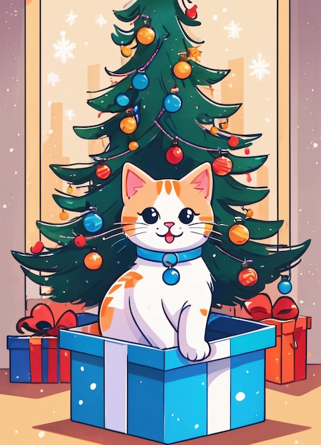 Carte de voeux d'illustration de chat de chat de Noël de dessin animé mignon