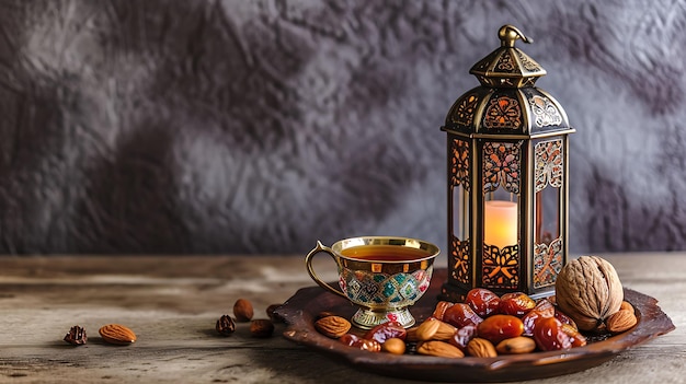 Carte de vœux islamique du Ramadan Kareem avec lanterne dattes séchées noix tasse de thé