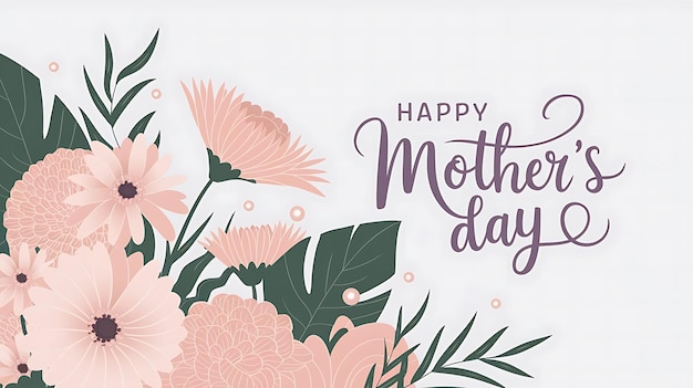 Carte de vœux minimaliste pour la fête des mères avec des fleurs pastel, des feuilles vertes et une écriture pourpre élégante