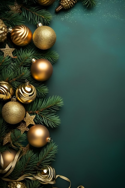 Carte de voeux de Noël avec boules de verre vertes et dorées sur fond vert Generative AI