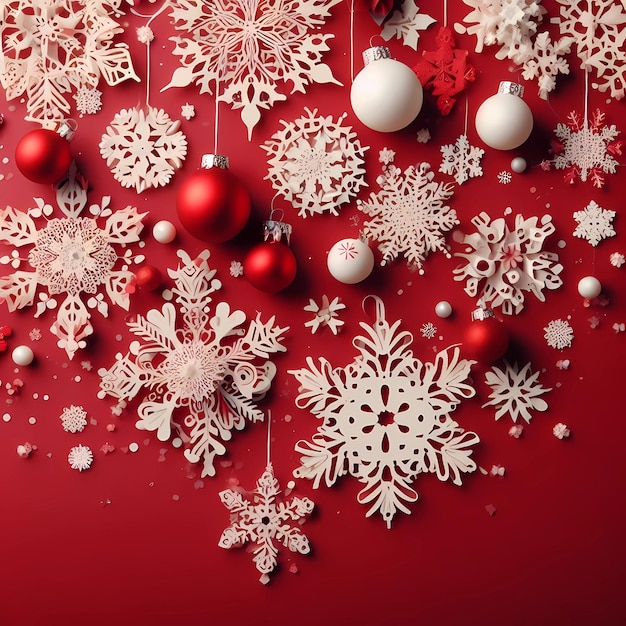 Une carte de voeux de Noël avec des flocons de neige rouges et blancs