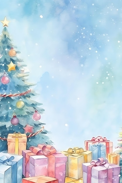 Carte de voeux de Noël pastel aquarelle avec arbre de Noël décoré et boîte cadeau