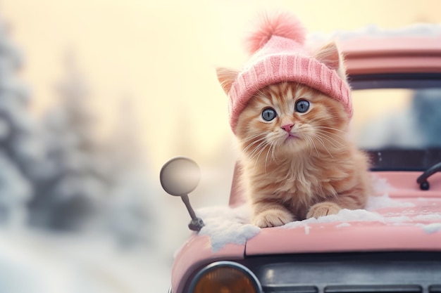 Carte de vœux de Noël rose pastel avec un mignon chaton dans un chapeau tricoté sur un espace de copie de voiture rétro