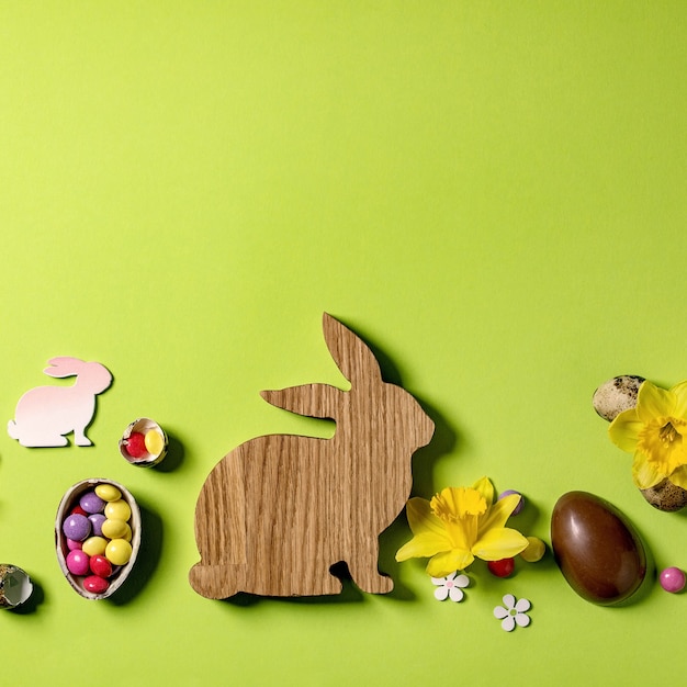 Carte de voeux de Pâques avec des décorations en bois, des bonbons au chocolat et des œufs